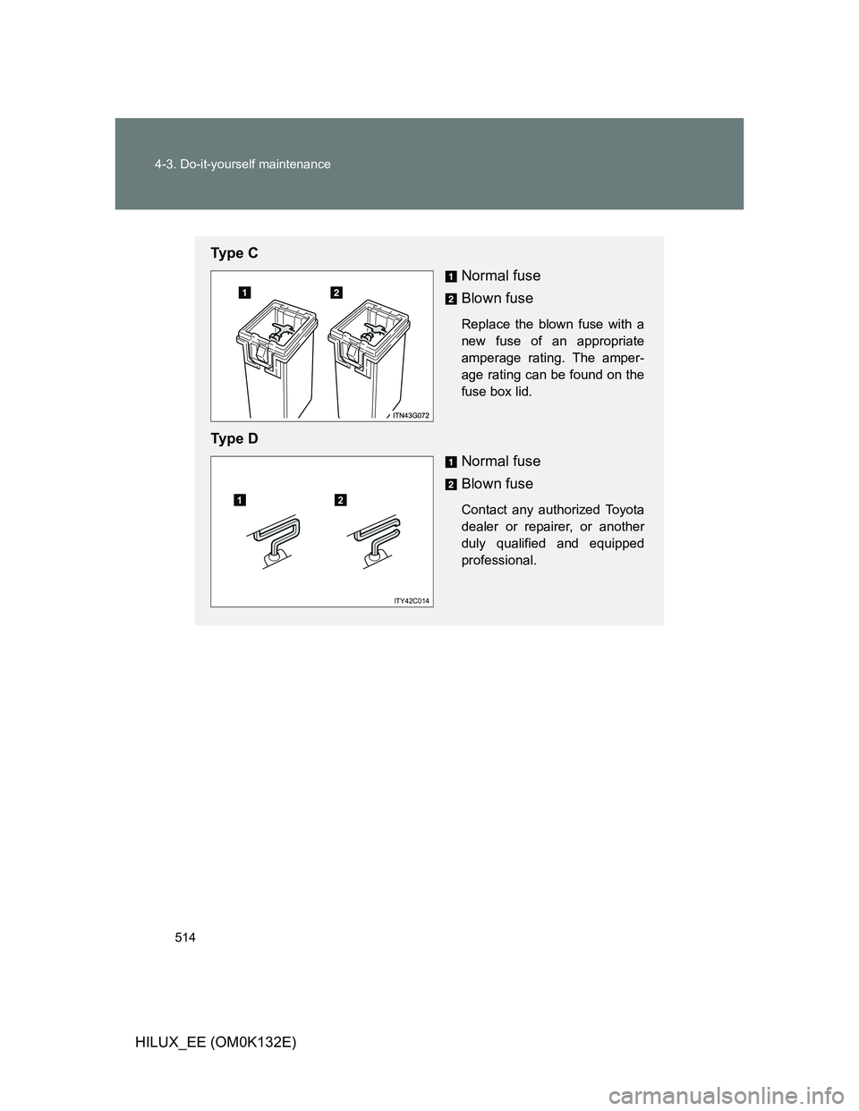 TOYOTA HILUX 2012  Owners Manual (in English) 514 4-3. Do-it-yourself maintenance
HILUX_EE (OM0K132E)
Ty p e  C
Normal fuse
Blown fuse
Replace the blown fuse with a
new fuse of an appropriate
amperage rating. The amper-
age rating can be found on
