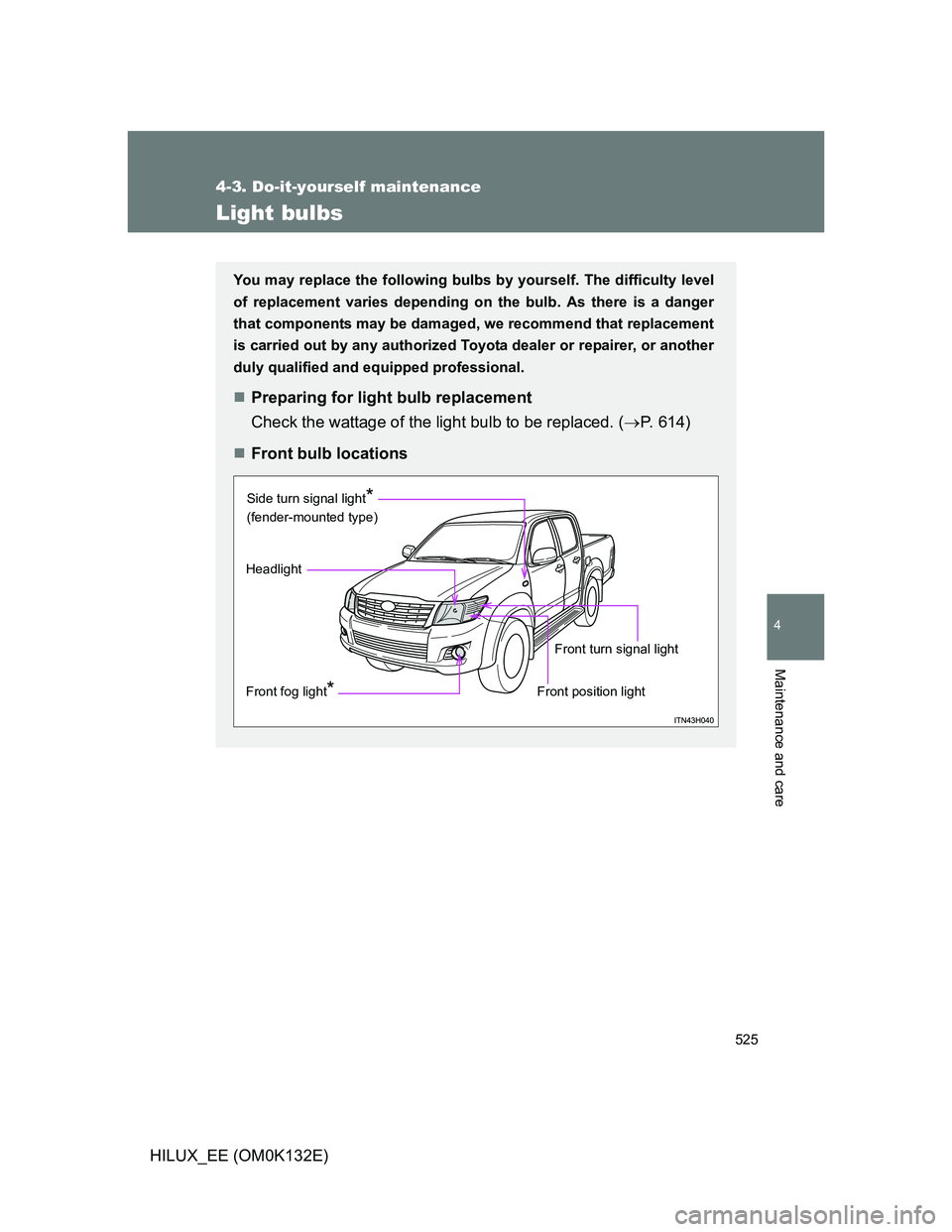 TOYOTA HILUX 2012  Owners Manual (in English) 525
4-3. Do-it-yourself maintenance
4
Maintenance and care
HILUX_EE (OM0K132E)
Light bulbs
You may replace the following bulbs by yourself. The difficulty level
of replacement varies depending on the 