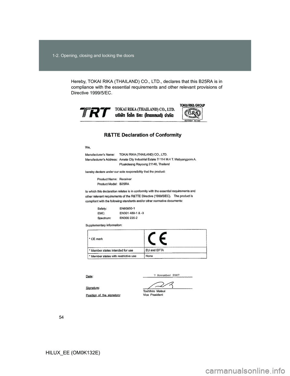 TOYOTA HILUX 2012   (in English) Workshop Manual 54 1-2. Opening, closing and locking the doors
HILUX_EE (OM0K132E)
Hereby, TOKAI RIKA (THAILAND) CO., LTD., declares that this B25RA is in
compliance with the essential requirements and other relevant