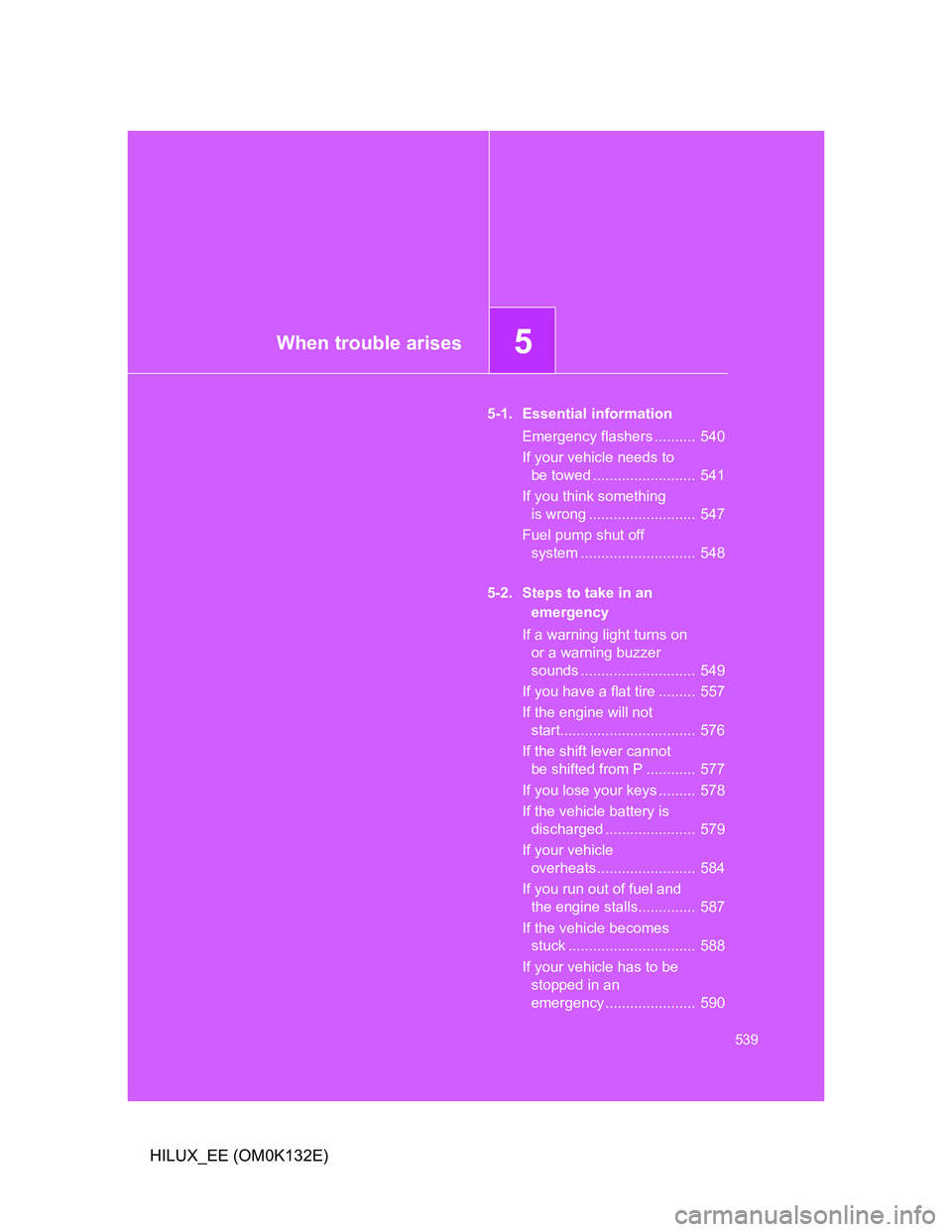 TOYOTA HILUX 2012  Owners Manual (in English) 5When trouble arises
539
HILUX_EE (OM0K132E)
5-1. Essential information
Emergency flashers ..........  540
If your vehicle needs to 
be towed .........................  541
If you think something 
is 