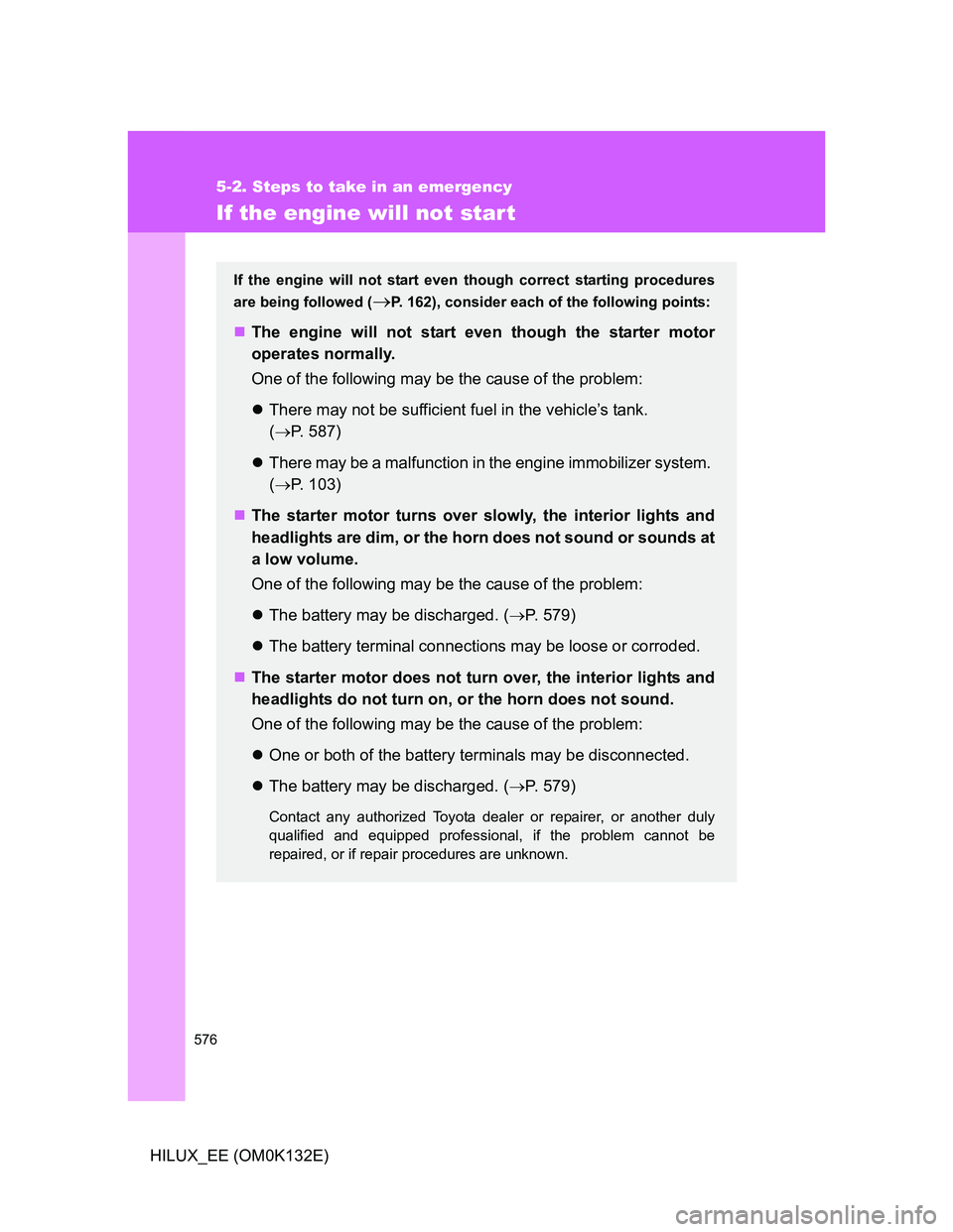 TOYOTA HILUX 2012 Owners Manual (in English) 576
5-2. Steps to take in an emergency
HILUX_EE (OM0K132E)
If the engine will not start
If the engine will not start even though correct starting procedures
are being followed (
P. 162), consider e TOYOTA HILUX 2012 Owners Manual (in English) 576
5-2. Steps to take in an emergency
HILUX_EE (OM0K132E)
If the engine will not start
If the engine will not start even though correct starting procedures
are being followed (
P. 162), consider e