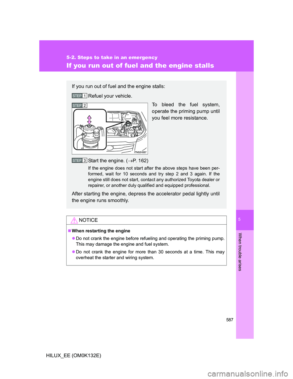 TOYOTA HILUX 2012 Owners Manual (in English) 5
587
5-2. Steps to take in an emergency
When trouble arises
HILUX_EE (OM0K132E)
If you run out of fuel and the engine stalls
NOTICE
When restarting the engine
Do not crank the engine before ref TOYOTA HILUX 2012 Owners Manual (in English) 5
587
5-2. Steps to take in an emergency
When trouble arises
HILUX_EE (OM0K132E)
If you run out of fuel and the engine stalls
NOTICE
When restarting the engine
Do not crank the engine before ref