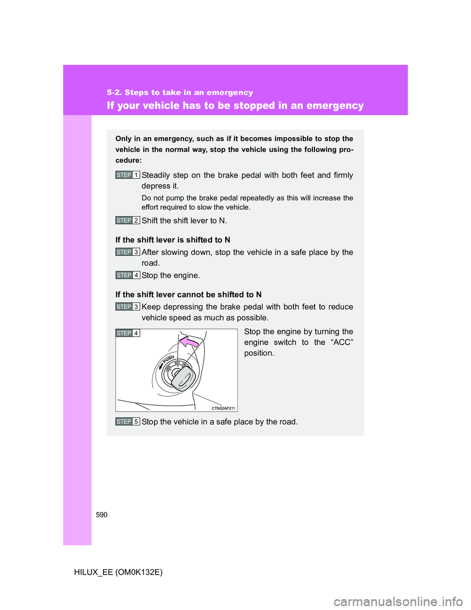 TOYOTA HILUX 2012 Owners Manual (in English) 590
5-2. Steps to take in an emergency
HILUX_EE (OM0K132E)
If your vehicle has to be stopped in an emergency
Only in an emergency, such as if it becomes impossible to stop the
vehicle in the normal wa TOYOTA HILUX 2012 Owners Manual (in English) 590
5-2. Steps to take in an emergency
HILUX_EE (OM0K132E)
If your vehicle has to be stopped in an emergency
Only in an emergency, such as if it becomes impossible to stop the
vehicle in the normal wa