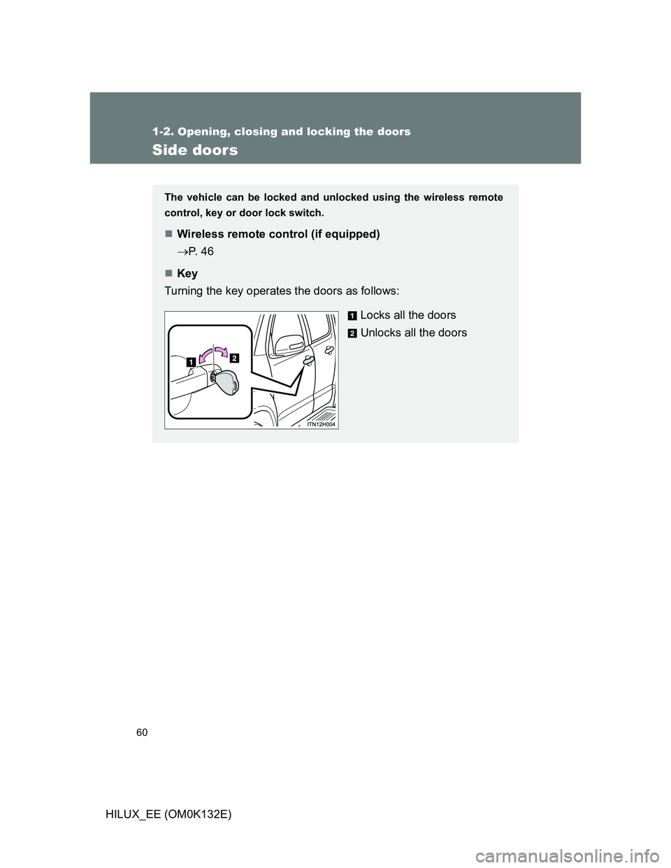 TOYOTA HILUX 2012   (in English) Workshop Manual 60
1-2. Opening, closing and locking the doors
HILUX_EE (OM0K132E)
Side doors
The vehicle can be locked and unlocked using the wireless remote
control, key or door lock switch.
Wireless remote cont