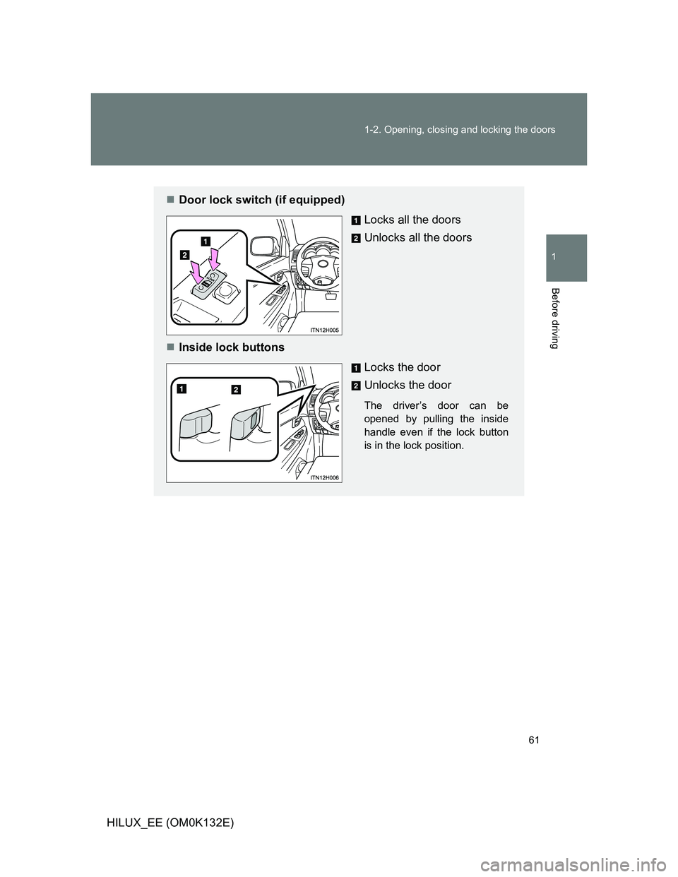 TOYOTA HILUX 2012   (in English) Repair Manual 61 1-2. Opening, closing and locking the doors
1
Before driving
HILUX_EE (OM0K132E)
Door lock switch (if equipped)
Locks all the doors
Unlocks all the doors
Inside lock buttons
Locks the door
Un