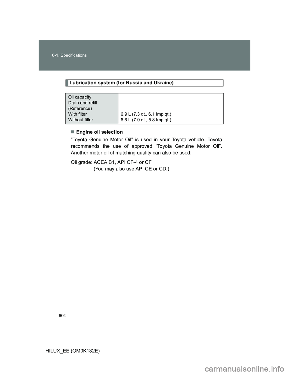 TOYOTA HILUX 2012  Owners Manual (in English) 604 6-1. Specifications
HILUX_EE (OM0K132E)
Lubrication system (for Russia and Ukraine)
Engine oil selection
“Toyota Genuine Motor Oil” is used in your Toyota vehicle. Toyota
recommends the use