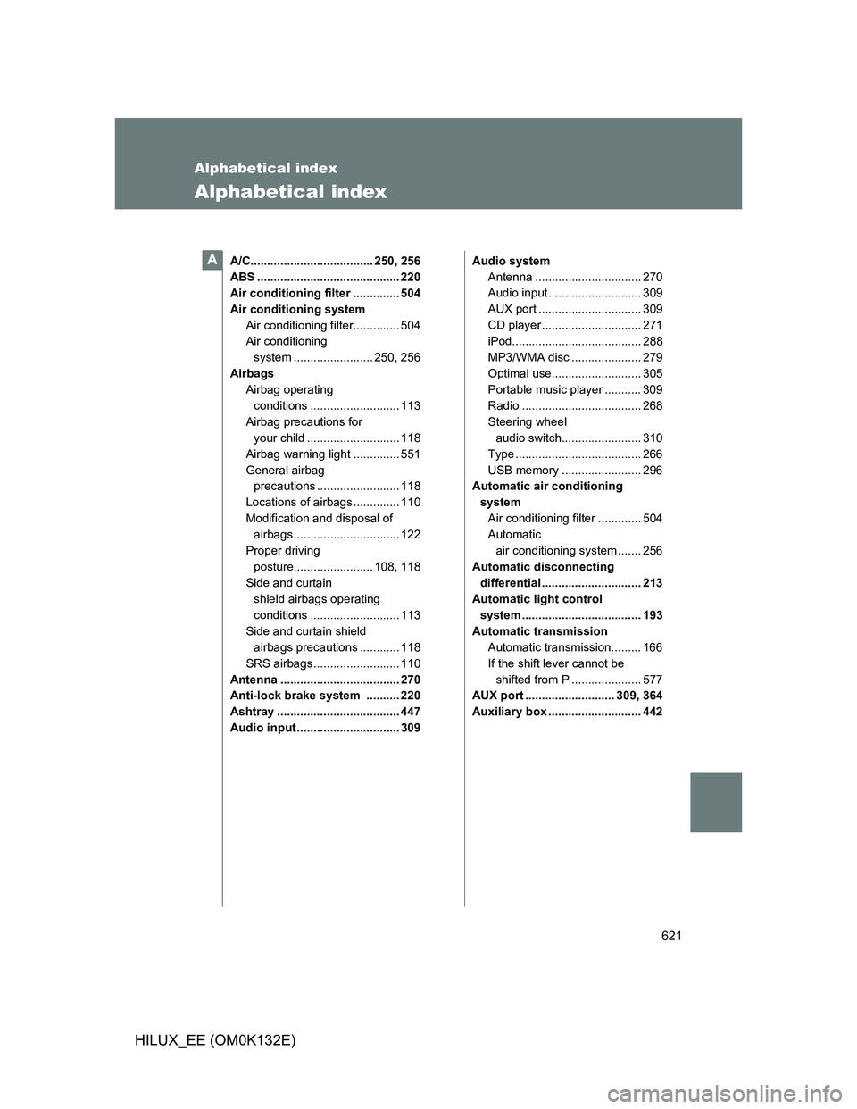TOYOTA HILUX 2012 Owners Manual (in English) 621
HILUX_EE (OM0K132E)
Alphabetical index
Alphabetical index
A/C..................................... 250, 256
ABS ........................................... 220
Air conditioning filter ............ TOYOTA HILUX 2012 Owners Manual (in English) 621
HILUX_EE (OM0K132E)
Alphabetical index
Alphabetical index
A/C..................................... 250, 256
ABS ........................................... 220
Air conditioning filter ............