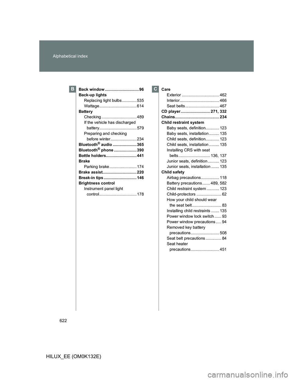 TOYOTA HILUX 2012 Owners Manual (in English) 622 Alphabetical index
HILUX_EE (OM0K132E)
Back window .............................. 96
Back-up lights
Replacing light bulbs ............. 535
Wattage................................. 614
Battery
Che TOYOTA HILUX 2012 Owners Manual (in English) 622 Alphabetical index
HILUX_EE (OM0K132E)
Back window .............................. 96
Back-up lights
Replacing light bulbs ............. 535
Wattage................................. 614
Battery
Che