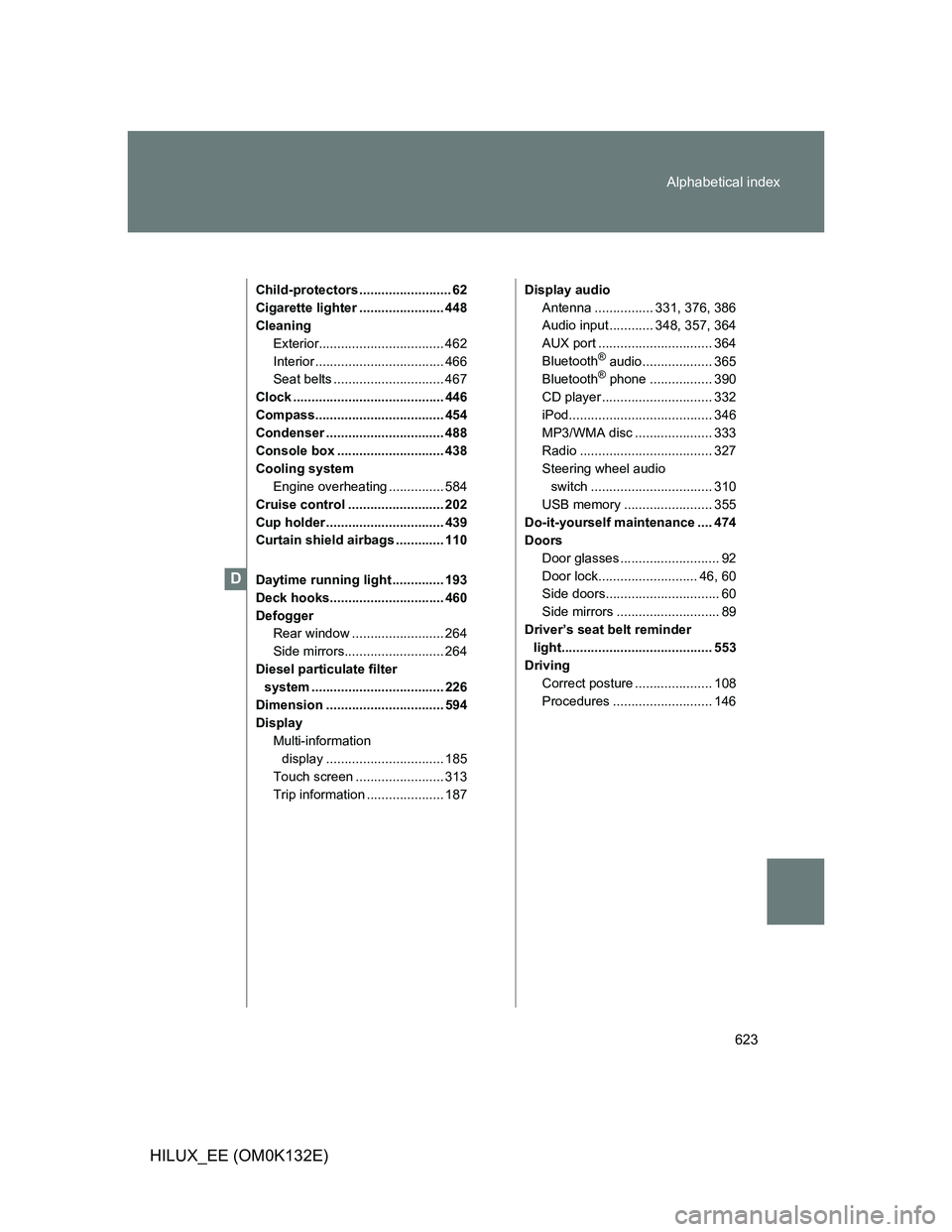 TOYOTA HILUX 2012 Owners Manual (in English) 623 Alphabetical index
HILUX_EE (OM0K132E)
Child-protectors ......................... 62
Cigarette lighter ....................... 448
Cleaning
Exterior.................................. 462
Interior TOYOTA HILUX 2012 Owners Manual (in English) 623 Alphabetical index
HILUX_EE (OM0K132E)
Child-protectors ......................... 62
Cigarette lighter ....................... 448
Cleaning
Exterior.................................. 462
Interior