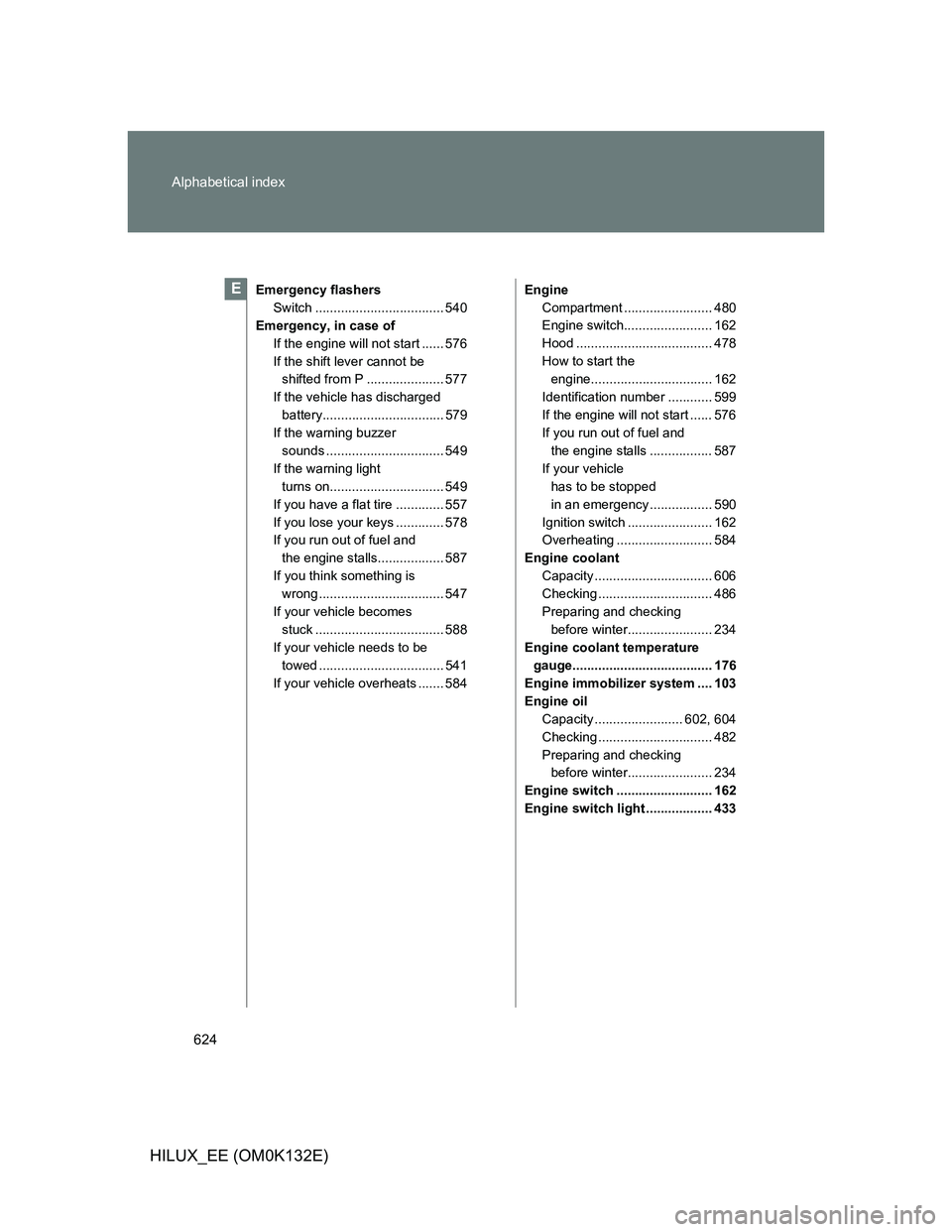 TOYOTA HILUX 2012  Owners Manual (in English) 624 Alphabetical index
HILUX_EE (OM0K132E)
Emergency flashers
Switch ................................... 540
Emergency, in case of
If the engine will not start ...... 576
If the shift lever cannot be 