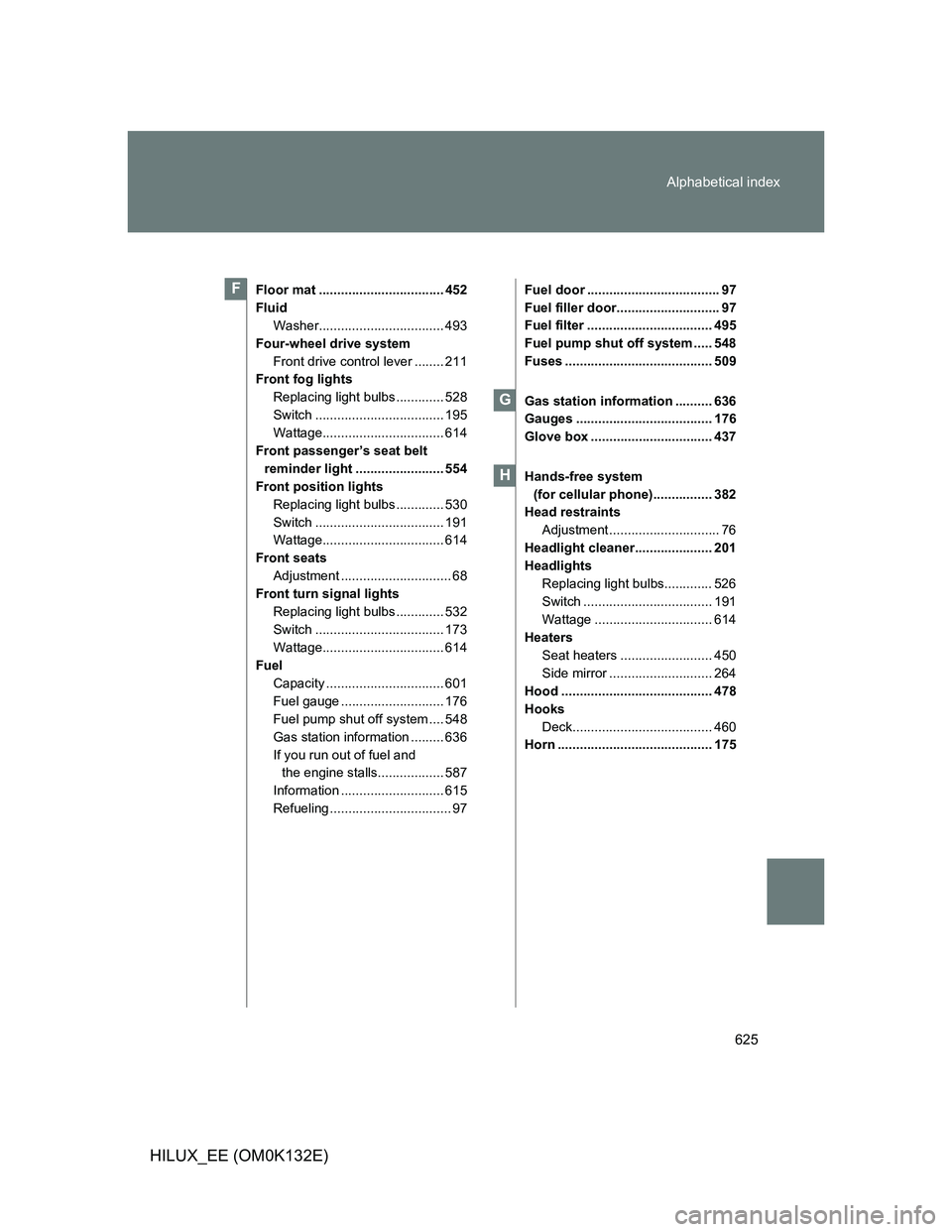 TOYOTA HILUX 2012 Owners Manual (in English) 625 Alphabetical index
HILUX_EE (OM0K132E)
Floor mat .................................. 452
Fluid
Washer.................................. 493
Four-wheel drive system
Front drive control lever ....... TOYOTA HILUX 2012 Owners Manual (in English) 625 Alphabetical index
HILUX_EE (OM0K132E)
Floor mat .................................. 452
Fluid
Washer.................................. 493
Four-wheel drive system
Front drive control lever .......