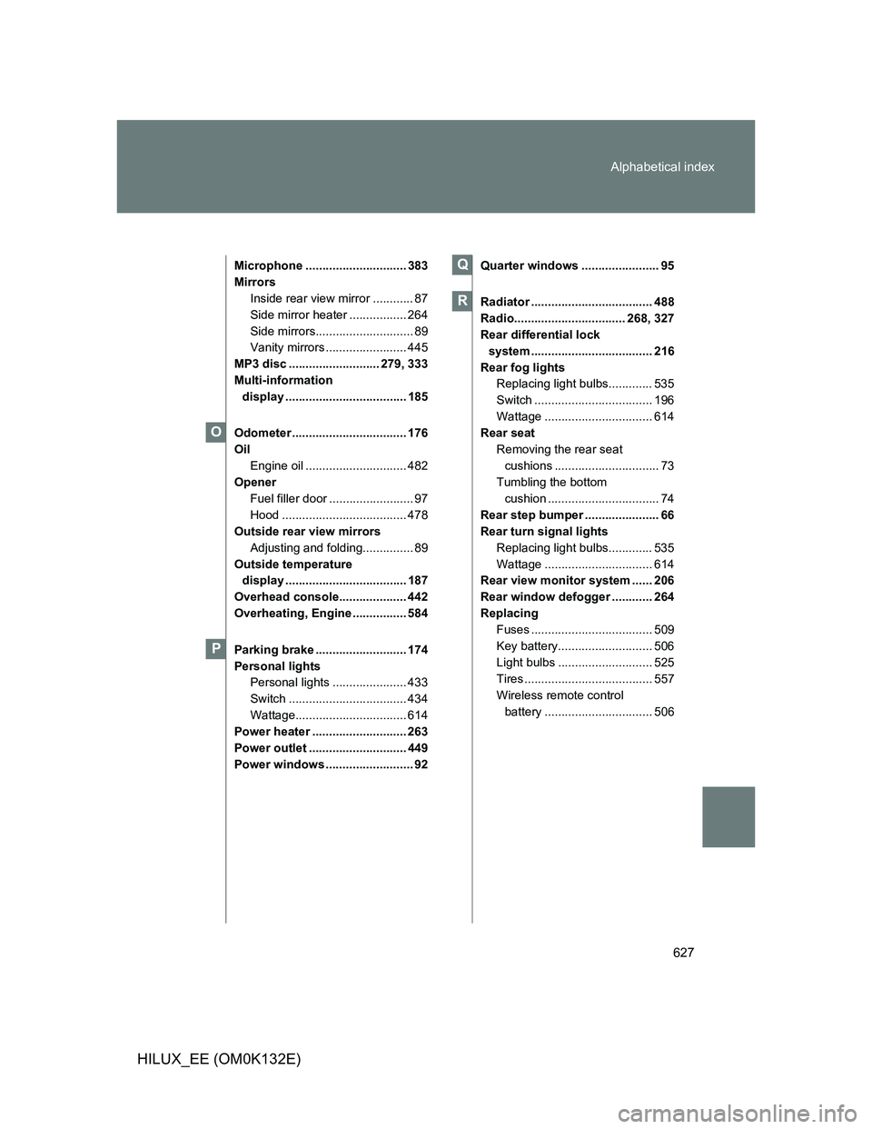 TOYOTA HILUX 2012 Owners Manual (in English) 627 Alphabetical index
HILUX_EE (OM0K132E)
Microphone .............................. 383
Mirrors
Inside rear view mirror ............ 87
Side mirror heater ................. 264
Side mirrors.......... TOYOTA HILUX 2012 Owners Manual (in English) 627 Alphabetical index
HILUX_EE (OM0K132E)
Microphone .............................. 383
Mirrors
Inside rear view mirror ............ 87
Side mirror heater ................. 264
Side mirrors..........