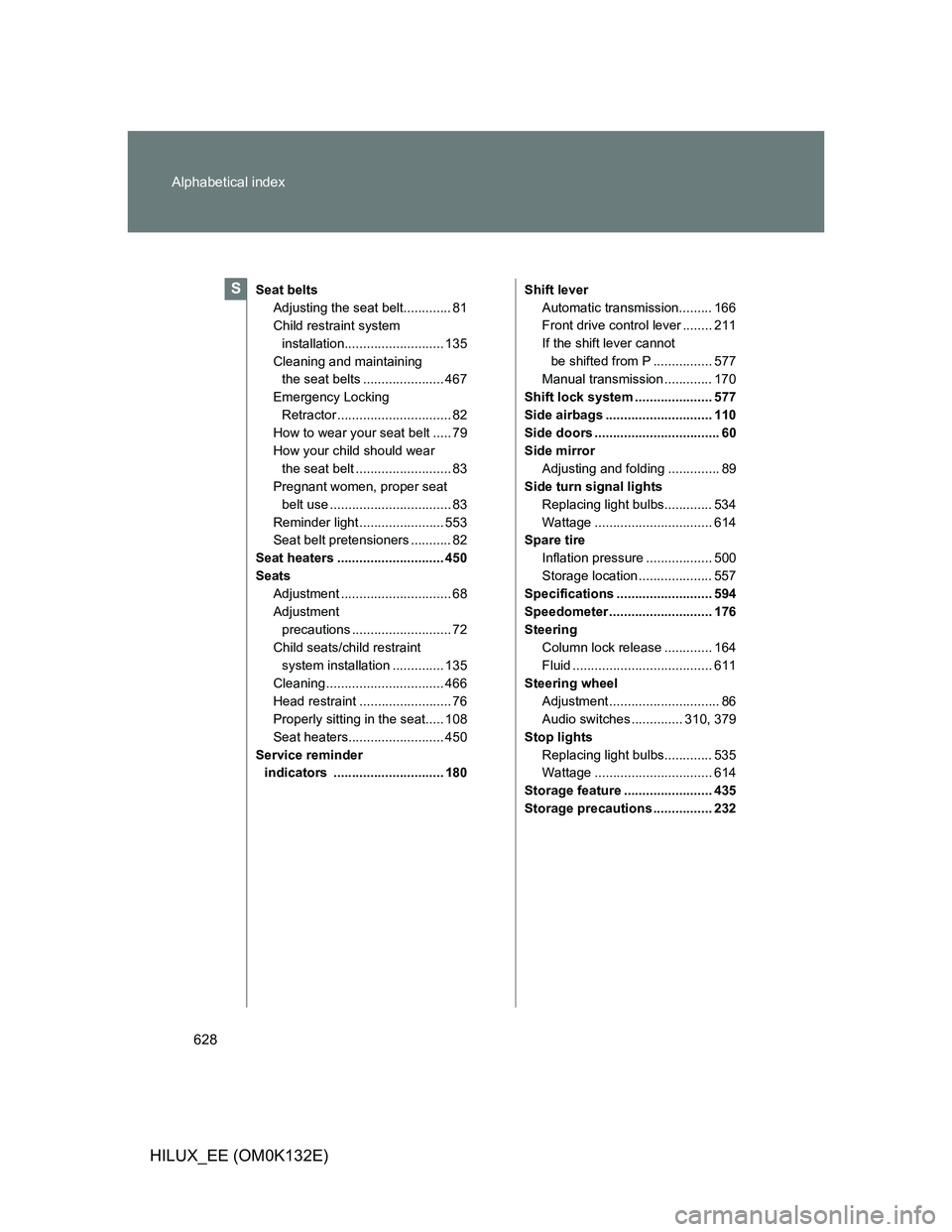 TOYOTA HILUX 2012  Owners Manual (in English) 628 Alphabetical index
HILUX_EE (OM0K132E)
Seat belts
Adjusting the seat belt............. 81
Child restraint system 
installation........................... 135
Cleaning and maintaining 
the seat bel