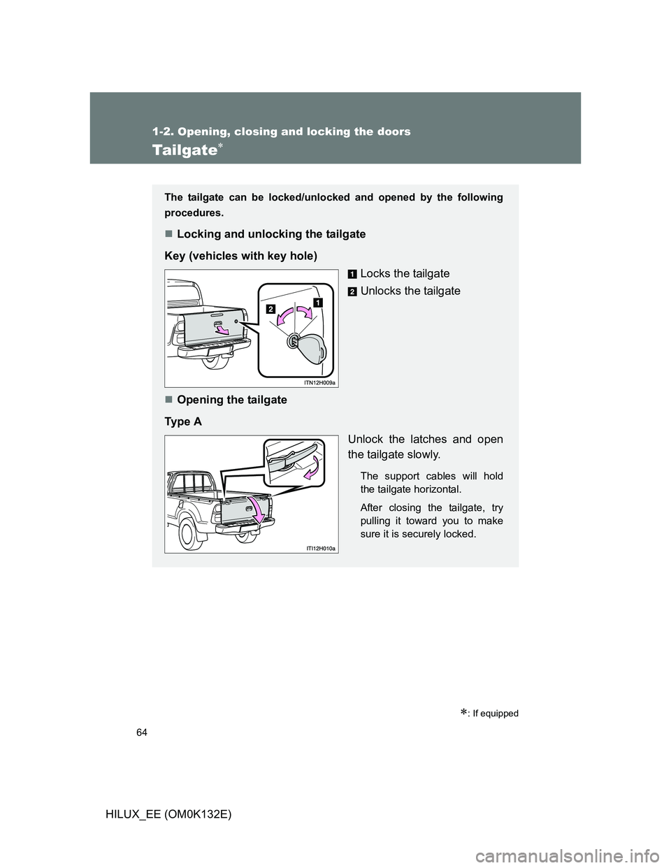 TOYOTA HILUX 2012   (in English) Repair Manual 64
1-2. Opening, closing and locking the doors
HILUX_EE (OM0K132E)
Tailgate
: If equipped
The tailgate can be locked/unlocked and opened by the following
procedures.
Locking and unlocking the