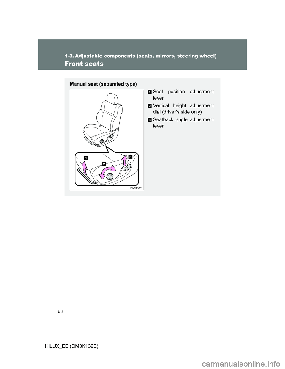 TOYOTA HILUX 2012   (in English) Repair Manual 68
HILUX_EE (OM0K132E)
1-3. Adjustable components (seats, mirrors, steering wheel)
Front seats
Manual seat (separated type)
Seat position adjustment
lever
Vertical height adjustment
dial (driver’s s