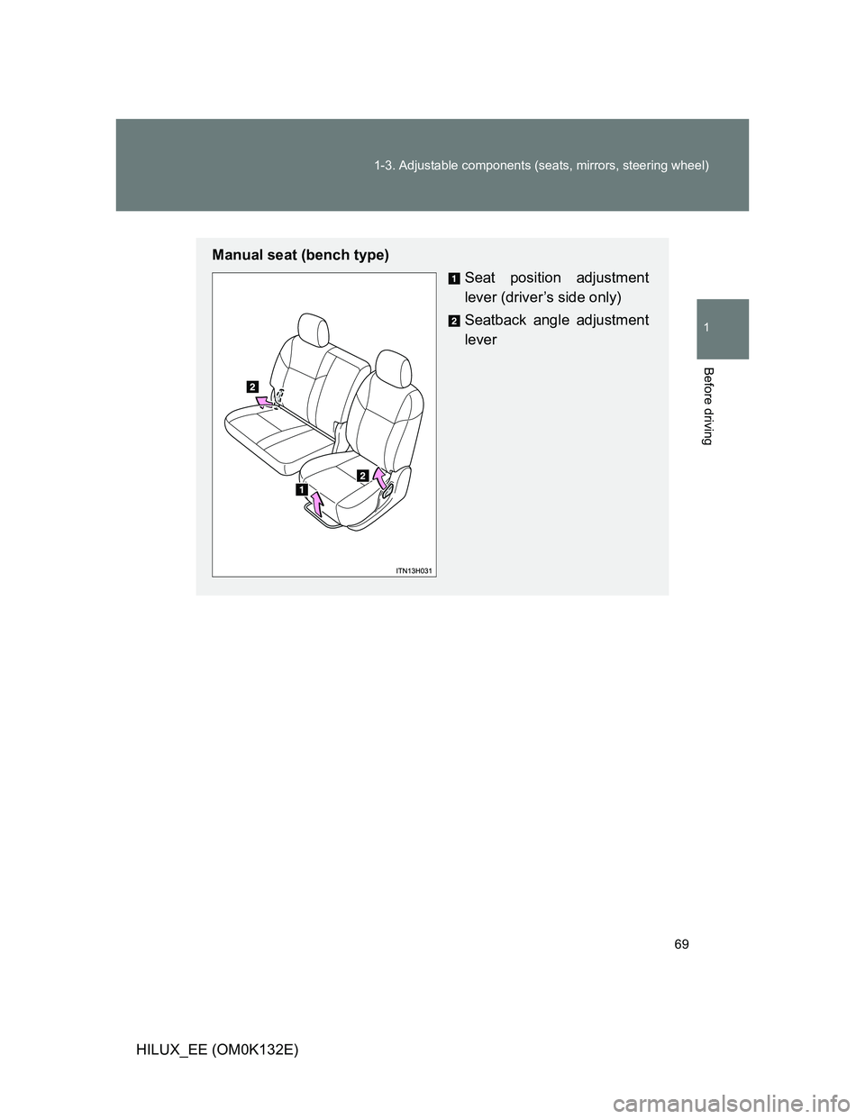 TOYOTA HILUX 2012   (in English) Repair Manual 69 1-3. Adjustable components (seats, mirrors, steering wheel)
1
Before driving
HILUX_EE (OM0K132E)
Manual seat (bench type)
Seat position adjustment
lever (driver’s side only)
Seatback angle adjust