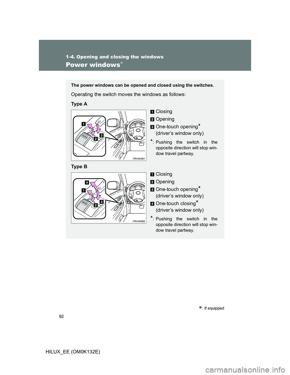 TOYOTA HILUX 2012  Owners Manual (in English) 92
HILUX_EE (OM0K132E)
1-4. Opening and closing the windows
Power windows
: If equipped
The power windows can be opened and closed using the switches.
Operating the switch moves the windows as f