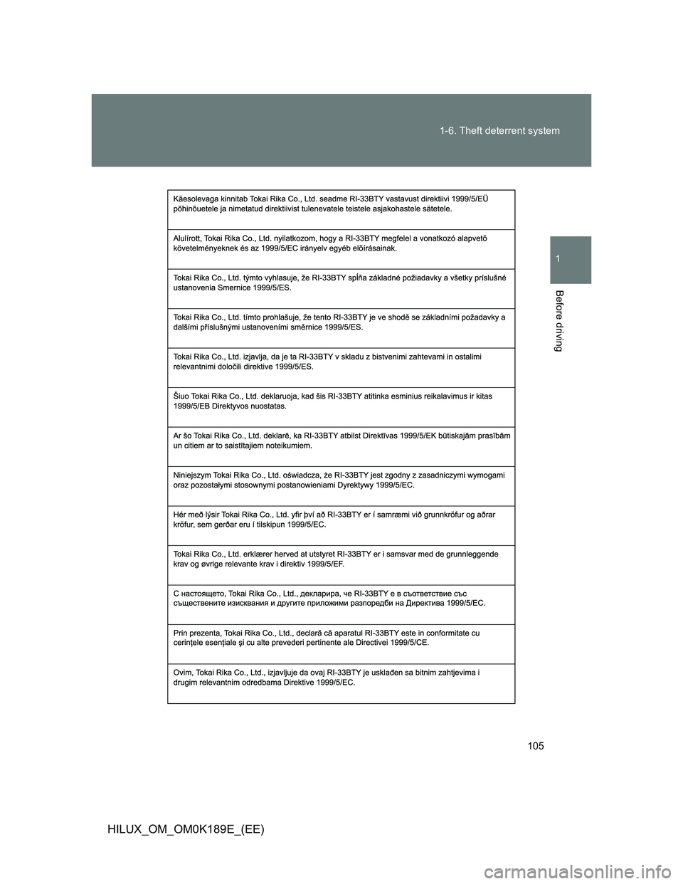 TOYOTA HILUX 2013  Owners Manual (in English) 105 1-6. Theft deterrent system
1
Before driving
HILUX_OM_OM0K189E_(EE) 