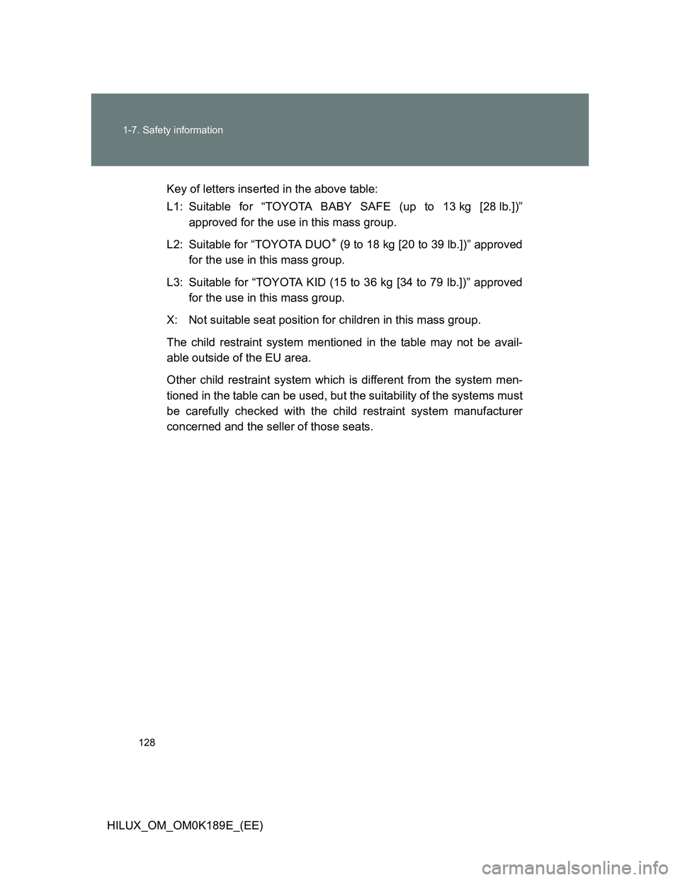 TOYOTA HILUX 2013  Owners Manual (in English) 128 1-7. Safety information
HILUX_OM_OM0K189E_(EE)Key of letters inserted in the above table:
L1: Suitable for “TOYOTA BABY SAFE (up to 13 kg [28 lb.])”
approved for the use in this mass group.
L2