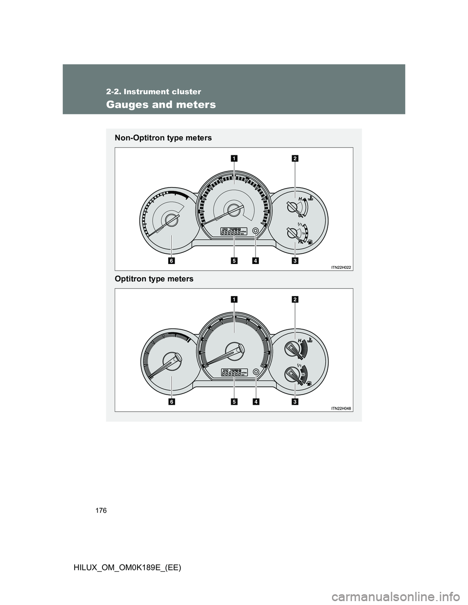 TOYOTA HILUX 2013  Owners Manual (in English) 176
HILUX_OM_OM0K189E_(EE)
2-2. Instrument cluster
Gauges and meters
Non-Optitron type meters
Optitron type meters 