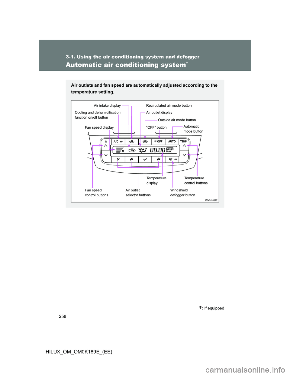 TOYOTA HILUX 2013  Owners Manual (in English) 258
3-1. Using the air conditioning system and defogger
HILUX_OM_OM0K189E_(EE)
Automatic air conditioning system
: If equipped
Air outlets and fan speed are automatically adjusted according to t