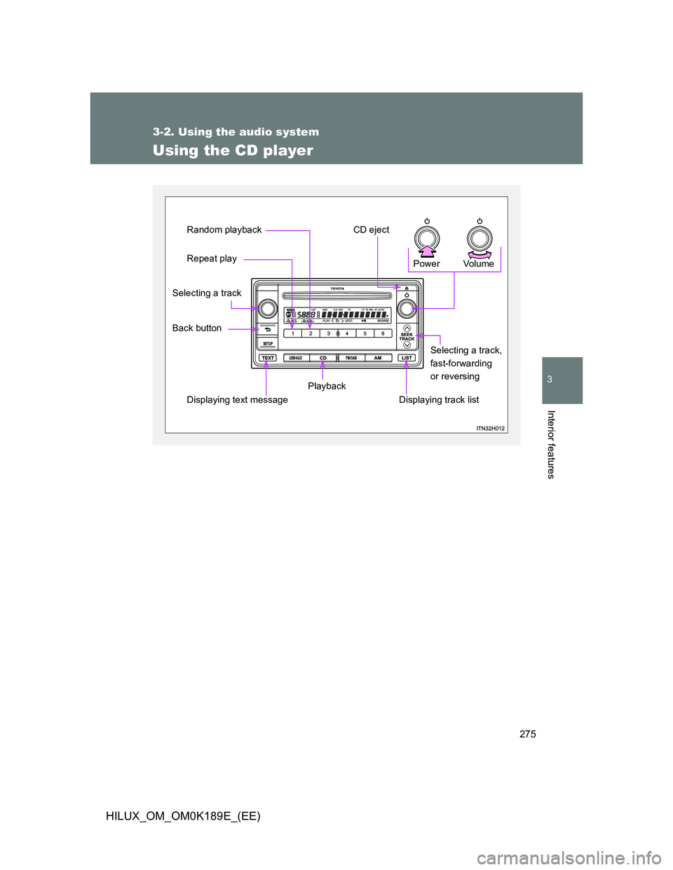 TOYOTA HILUX 2013  Owners Manual (in English) 275
3-2. Using the audio system
3
Interior features
HILUX_OM_OM0K189E_(EE)
Using the CD player
Vo lu m e Power
Displaying track listSelecting a track, 
fast-forwarding 
or reversing
Playback
Displayin