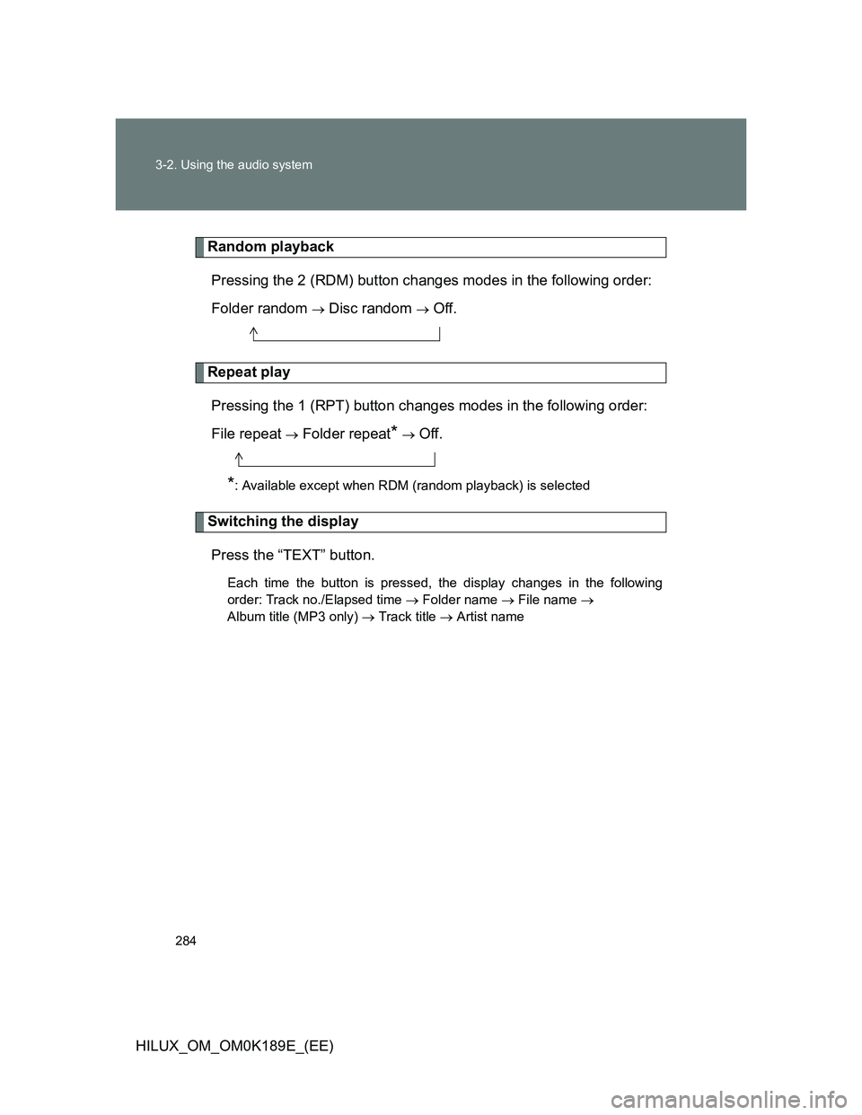 TOYOTA HILUX 2013  Owners Manual (in English) 284 3-2. Using the audio system
HILUX_OM_OM0K189E_(EE)
Random playback
Pressing the 2 (RDM) button changes modes in the following order:
Folder random 
 Disc random  Off.
Repeat play
Pressing th