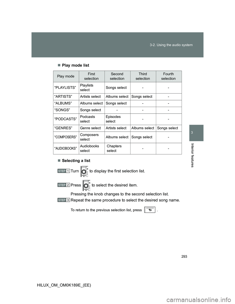 TOYOTA HILUX 2013  Owners Manual (in English) 293 3-2. Using the audio system
3
Interior features
HILUX_OM_OM0K189E_(EE)Play mode list
Selecting a list
Turn   to display the first selection list.
Press   to select the desired item.
Pressing
