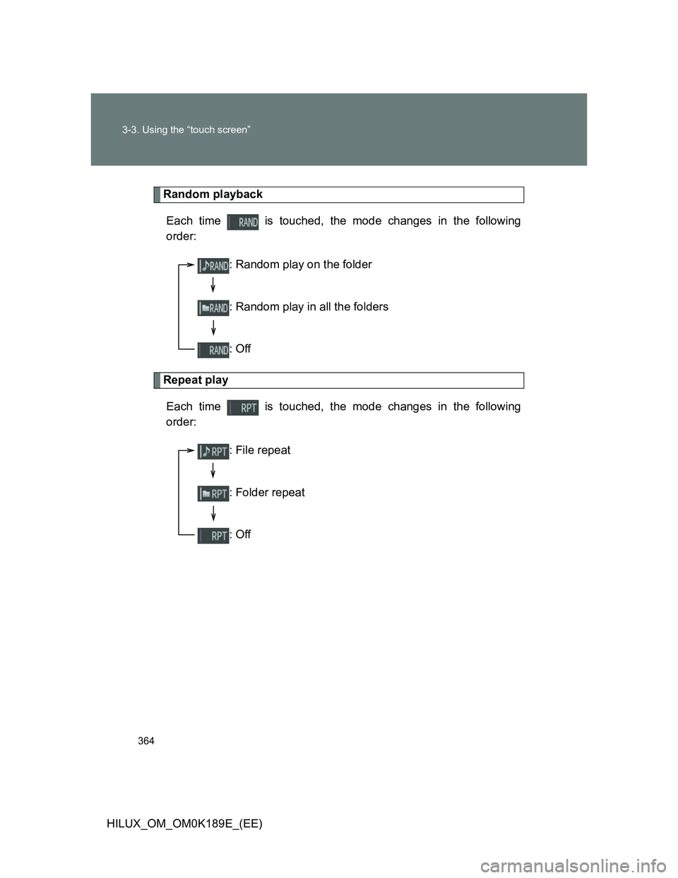 TOYOTA HILUX 2013 Owners Manual (in English) 364 3-3. Using the “touch screen”
HILUX_OM_OM0K189E_(EE)
Random playback
Each time is touched, the mode changes in the following
order:
Repeat play
Each time is touched, the mode changes in th TOYOTA HILUX 2013 Owners Manual (in English) 364 3-3. Using the “touch screen”
HILUX_OM_OM0K189E_(EE)
Random playback
Each time is touched, the mode changes in the following
order:
Repeat play
Each time is touched, the mode changes in th