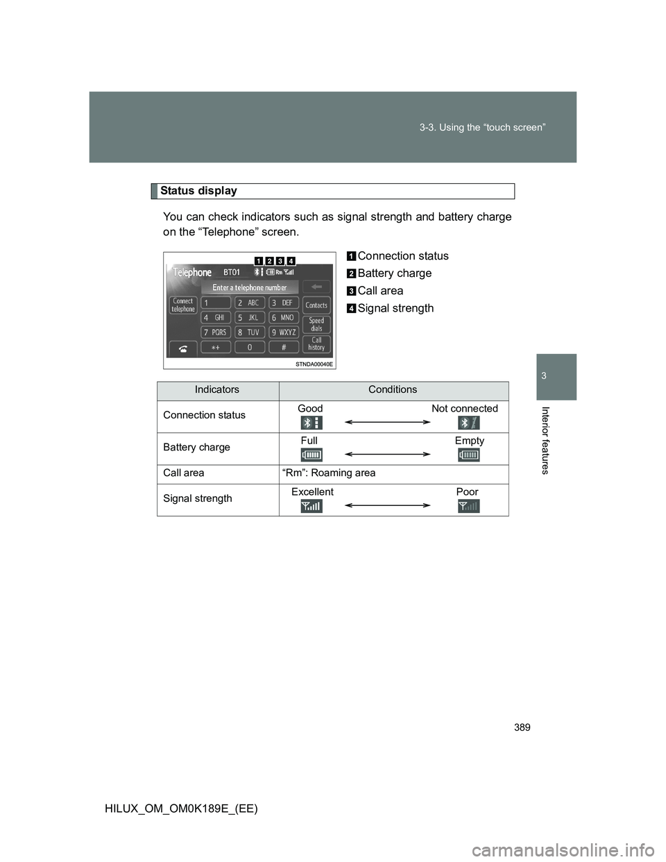 TOYOTA HILUX 2013  Owners Manual (in English) 389 3-3. Using the “touch screen”
3
Interior features
HILUX_OM_OM0K189E_(EE)
Status display
You can check indicators such as signal strength and battery charge
on the “Telephone” screen.
Conne