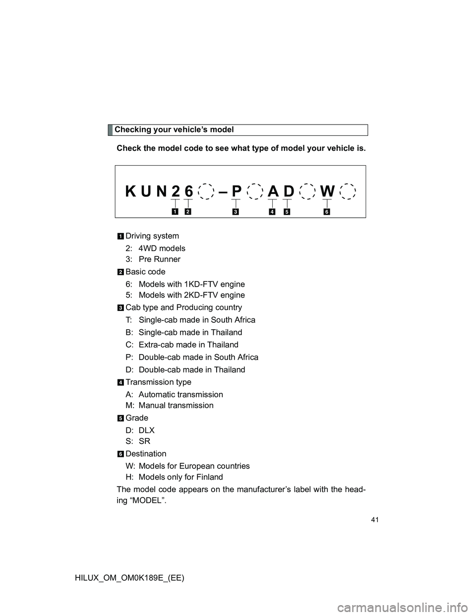 TOYOTA HILUX 2013   (in English) Service Manual 41
HILUX_OM_OM0K189E_(EE)
Checking your vehicle’s model
Check the model code to see what type of model your vehicle is.
Driving system
2: 4WD models
3: Pre Runner
Basic code
6: Models with 1KD-FTV e