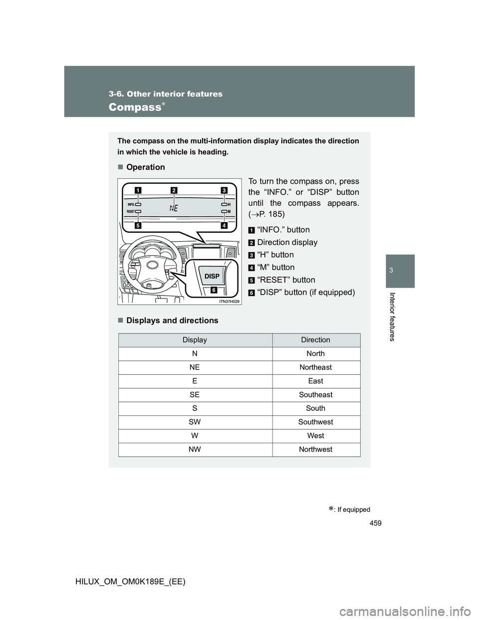 TOYOTA HILUX 2013  Owners Manual (in English) 459
3-6. Other interior features
3
Interior features
HILUX_OM_OM0K189E_(EE)
Compass
: If equipped
The compass on the multi-information display indicates the direction
in which the vehicle is hea