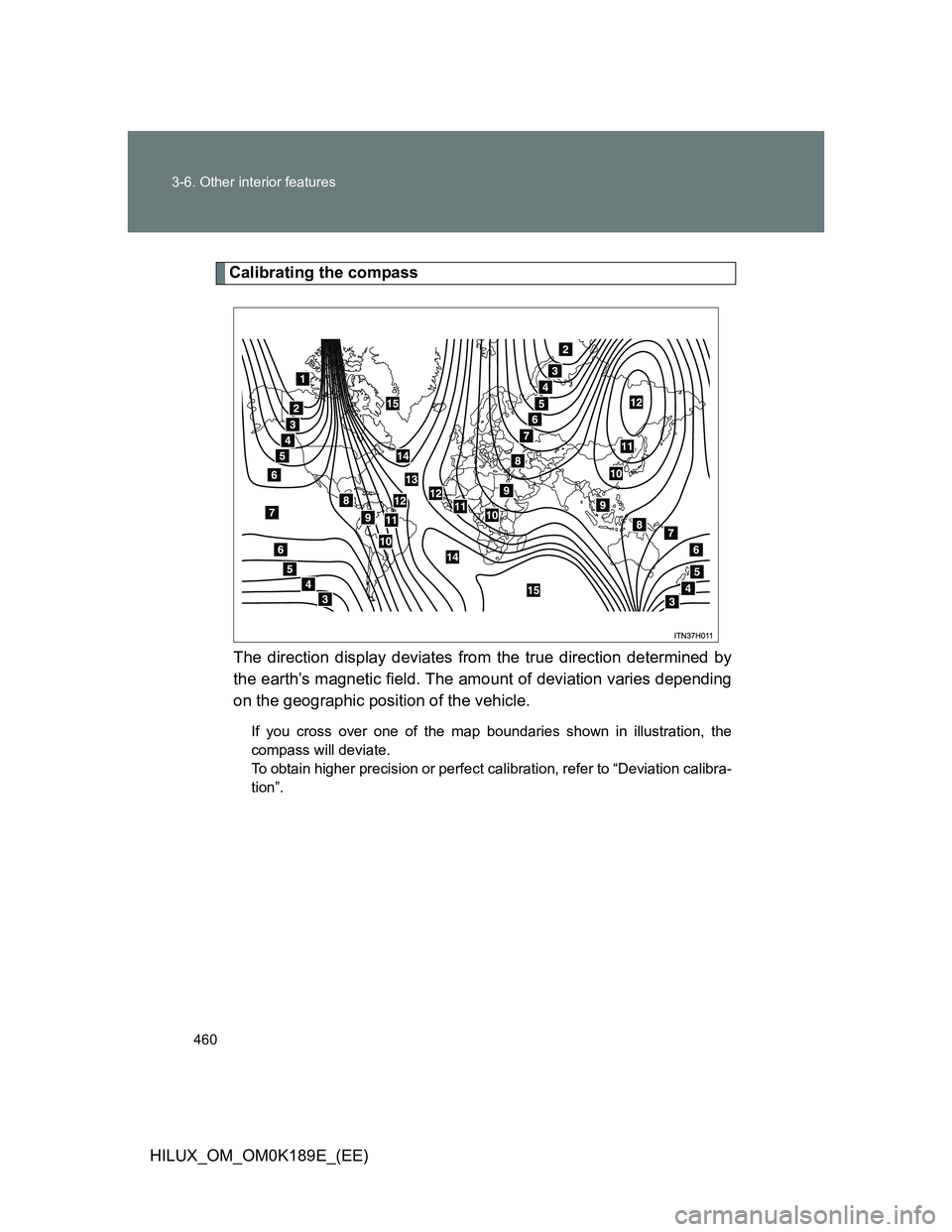 TOYOTA HILUX 2013  Owners Manual (in English) 460 3-6. Other interior features
HILUX_OM_OM0K189E_(EE)
Calibrating the compass
The direction display deviates from the true direction determined by
the earth’s magnetic field. The amount of deviati