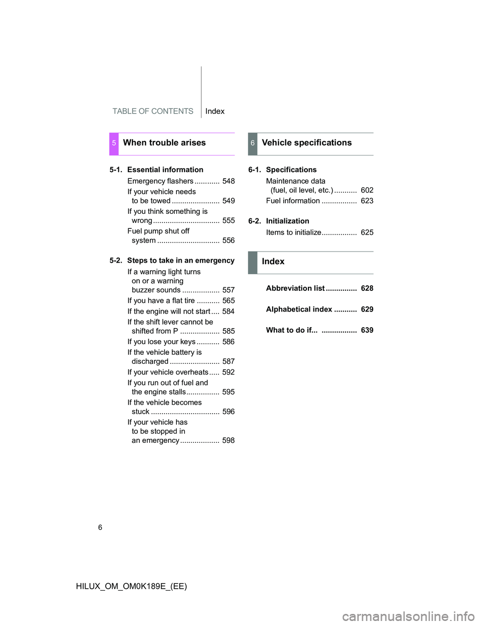 TOYOTA HILUX 2013 Owners Manual (in English) TABLE OF CONTENTSIndex
6
HILUX_OM_OM0K189E_(EE)
5-1. Essential information
Emergency flashers ............ 548
If your vehicle needs
to be towed ....................... 549
If you think something i TOYOTA HILUX 2013 Owners Manual (in English) TABLE OF CONTENTSIndex
6
HILUX_OM_OM0K189E_(EE)
5-1. Essential information
Emergency flashers ............ 548
If your vehicle needs
to be towed ....................... 549
If you think something i