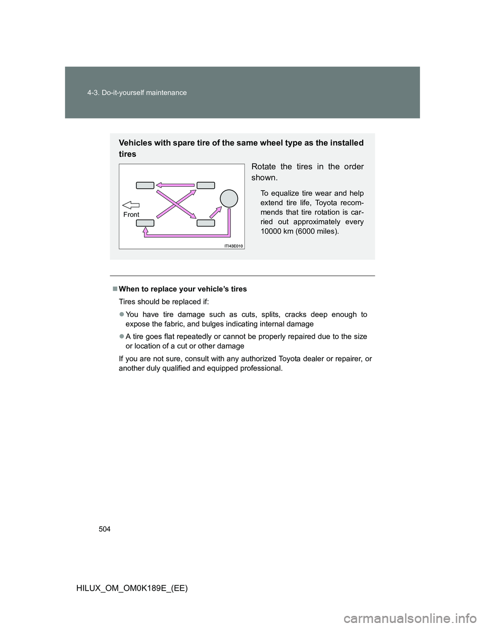 TOYOTA HILUX 2013  Owners Manual (in English) 504 4-3. Do-it-yourself maintenance
HILUX_OM_OM0K189E_(EE)
When to replace your vehicle’s tires
Tires should be replaced if:
You have tire damage such as cuts, splits, cracks deep enough to
ex