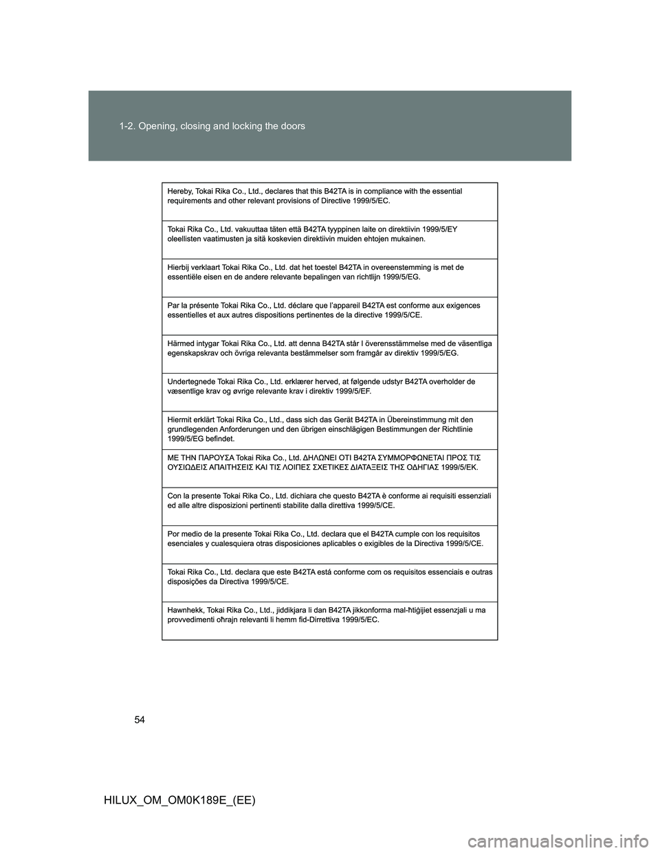 TOYOTA HILUX 2013   (in English) Workshop Manual 54 1-2. Opening, closing and locking the doors
HILUX_OM_OM0K189E_(EE) 