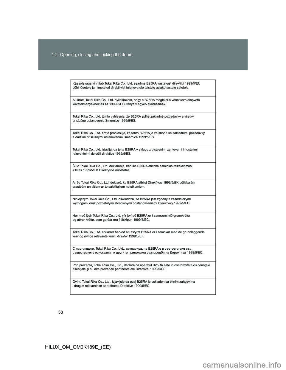 TOYOTA HILUX 2013   (in English) Workshop Manual 58 1-2. Opening, closing and locking the doors
HILUX_OM_OM0K189E_(EE) 