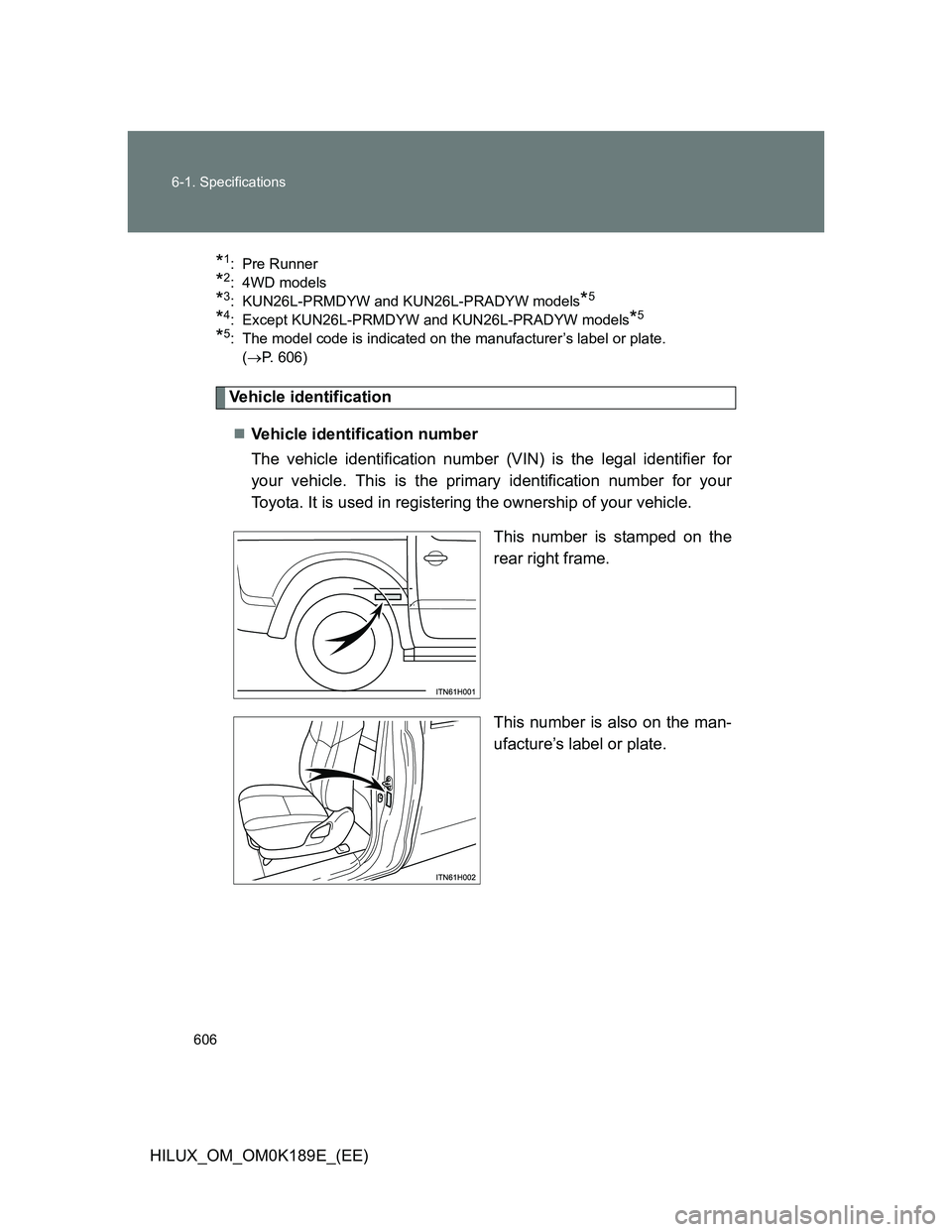 TOYOTA HILUX 2013  Owners Manual (in English) 606 6-1. Specifications
HILUX_OM_OM0K189E_(EE)
*1: Pre Runner
*2: 4WD models
*3: KUN26L-PRMDYW and KUN26L-PRADYW models*5
*4: Except KUN26L-PRMDYW and KUN26L-PRADYW models*5
*5: The model code is indi