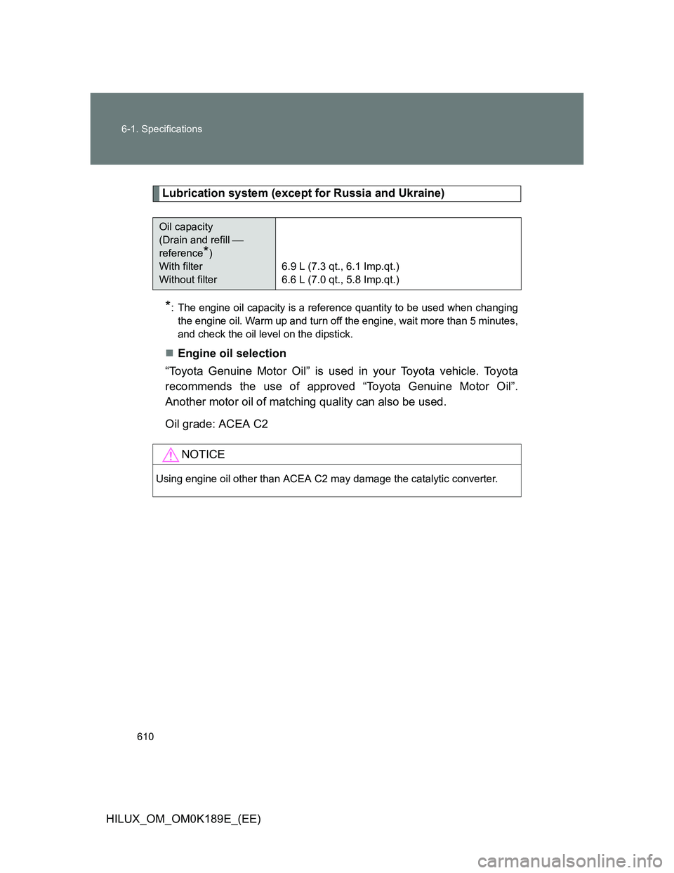 TOYOTA HILUX 2013  Owners Manual (in English) 610 6-1. Specifications
HILUX_OM_OM0K189E_(EE)
Lubrication system (except for Russia and Ukraine)
*: The engine oil capacity is a reference quantity to be used when changing
the engine oil. Warm up an