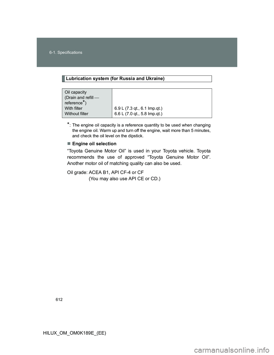 TOYOTA HILUX 2013  Owners Manual (in English) 612 6-1. Specifications
HILUX_OM_OM0K189E_(EE)
Lubrication system (for Russia and Ukraine)
*: The engine oil capacity is a reference quantity to be used when changing
the engine oil. Warm up and turn 