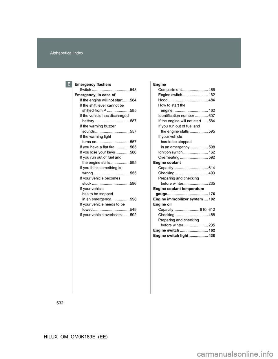 TOYOTA HILUX 2013 Owners Manual (in English) 632 Alphabetical index
HILUX_OM_OM0K189E_(EE)
Emergency flashers
Switch ................................... 548
Emergency, in case of
If the engine will not start ...... 584
If the shift lever cannot TOYOTA HILUX 2013 Owners Manual (in English) 632 Alphabetical index
HILUX_OM_OM0K189E_(EE)
Emergency flashers
Switch ................................... 548
Emergency, in case of
If the engine will not start ...... 584
If the shift lever cannot