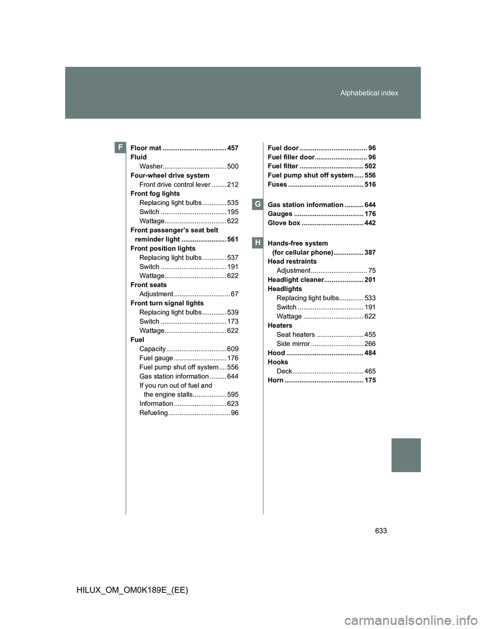 TOYOTA HILUX 2013 Owners Manual (in English) 633 Alphabetical index
HILUX_OM_OM0K189E_(EE)
Floor mat .................................. 457
Fluid
Washer.................................. 500
Four-wheel drive system
Front drive control lever .... TOYOTA HILUX 2013 Owners Manual (in English) 633 Alphabetical index
HILUX_OM_OM0K189E_(EE)
Floor mat .................................. 457
Fluid
Washer.................................. 500
Four-wheel drive system
Front drive control lever ....