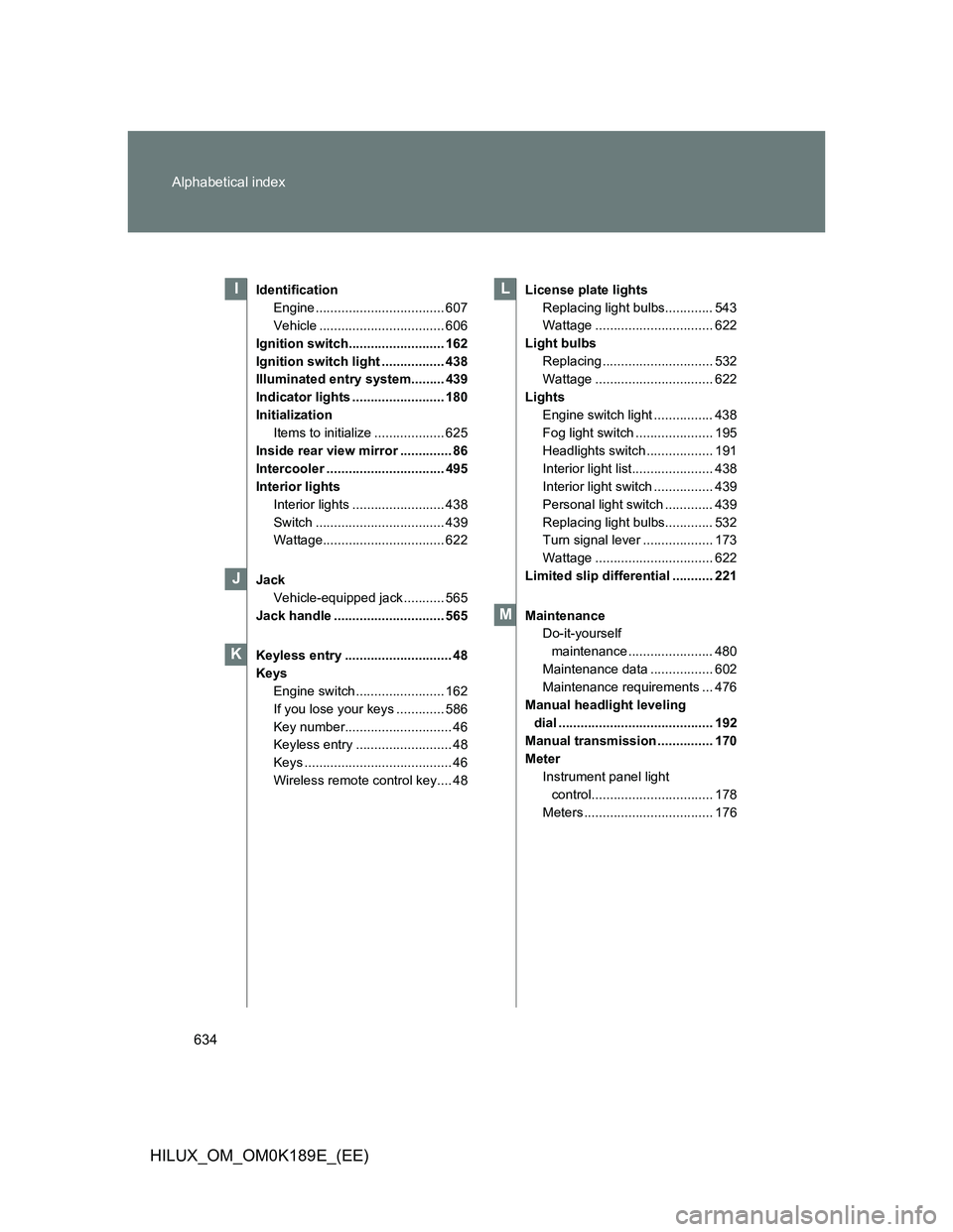 TOYOTA HILUX 2013 Owners Manual (in English) 634 Alphabetical index
HILUX_OM_OM0K189E_(EE)
Identification
Engine ................................... 607
Vehicle .................................. 606
Ignition switch.......................... 162 TOYOTA HILUX 2013 Owners Manual (in English) 634 Alphabetical index
HILUX_OM_OM0K189E_(EE)
Identification
Engine ................................... 607
Vehicle .................................. 606
Ignition switch.......................... 162