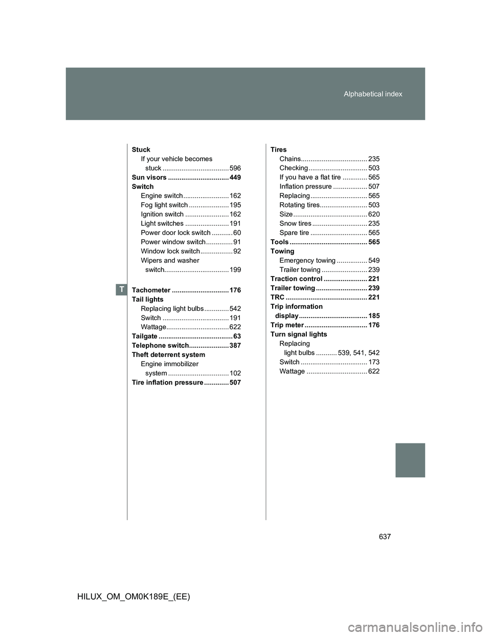 TOYOTA HILUX 2013 Owners Manual (in English) 637 Alphabetical index
HILUX_OM_OM0K189E_(EE)
Stuck
If your vehicle becomes
stuck ................................... 596
Sun visors ................................ 449
Switch
Engine switch ........ TOYOTA HILUX 2013 Owners Manual (in English) 637 Alphabetical index
HILUX_OM_OM0K189E_(EE)
Stuck
If your vehicle becomes
stuck ................................... 596
Sun visors ................................ 449
Switch
Engine switch ........