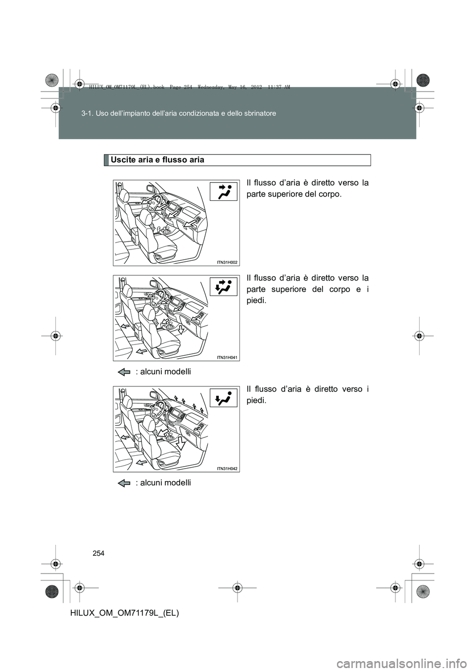 TOYOTA HILUX 2013 Manuale duso (in Italian) 254
3-1. Uso dell’impianto dell’aria condizionata e dello sbrinatore
HILUX_OM_OM71179L_(EL)
Uscite aria e flusso aria
Il flusso d’aria è diretto verso la
parte superiore del corpo.
Il flusso d TOYOTA HILUX 2013 Manuale duso (in Italian) 254
3-1. Uso dell’impianto dell’aria condizionata e dello sbrinatore
HILUX_OM_OM71179L_(EL)
Uscite aria e flusso aria
Il flusso d’aria è diretto verso la
parte superiore del corpo.
Il flusso d