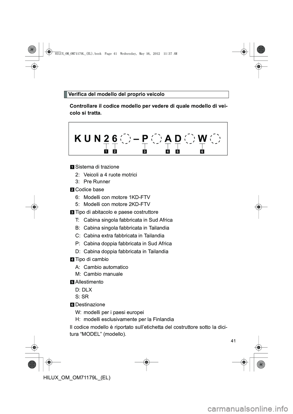 TOYOTA HILUX 2013 Manuale duso (in Italian) 41
HILUX_OM_OM71179L_(EL)
Verifica del modello del proprio veicoloControllare il codice modello per vedere di quale modello di vei-
colo si tratta.
Sistema di trazione
2: Veicoli a 4 ruote motrici
3: TOYOTA HILUX 2013 Manuale duso (in Italian) 41
HILUX_OM_OM71179L_(EL)
Verifica del modello del proprio veicoloControllare il codice modello per vedere di quale modello di vei-
colo si tratta.
Sistema di trazione
2: Veicoli a 4 ruote motrici
3: