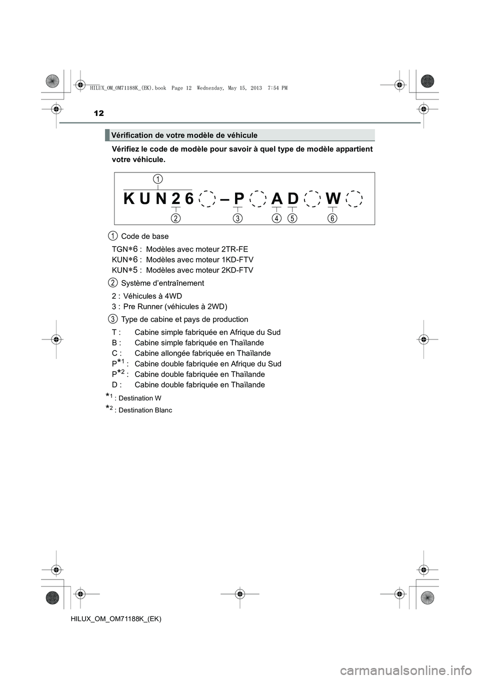 TOYOTA HILUX 2014 Notices Demploi (in French) 12
HILUX_OM_OM71188K_(EK)
Vérifiez le code de modèle pour savoir à quel type de modèle appartient
votre véhicule.Code de base
TGN
∗6 : Modèles avec moteur 2TR-FE
KUN
∗6 : Modèles avec mote TOYOTA HILUX 2014 Notices Demploi (in French) 12
HILUX_OM_OM71188K_(EK)
Vérifiez le code de modèle pour savoir à quel type de modèle appartient
votre véhicule.Code de base
TGN
∗6 : Modèles avec moteur 2TR-FE
KUN
∗6 : Modèles avec mote