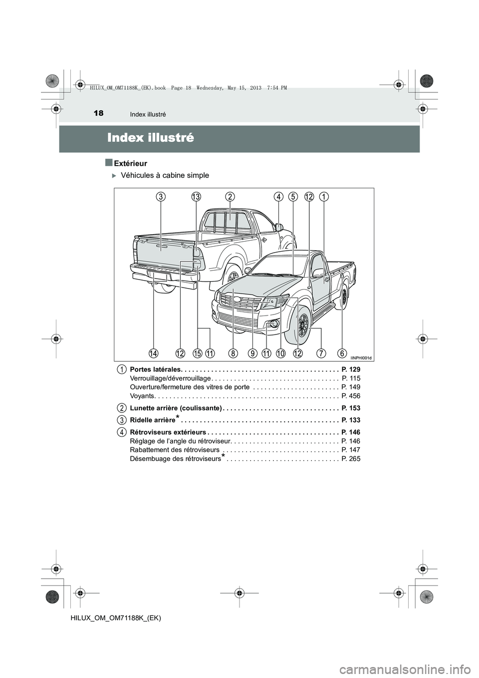 TOYOTA HILUX 2014  Notices Demploi (in French) 18Index illustré
HILUX_OM_OM71188K_(EK)
Index illustré
■Extérieur
�XVéhicules à cabine simple
Portes latérales. . . . . . . . . . . . . . . . . . . . . . . . . . . . . . . . . . . . . . . . . 
