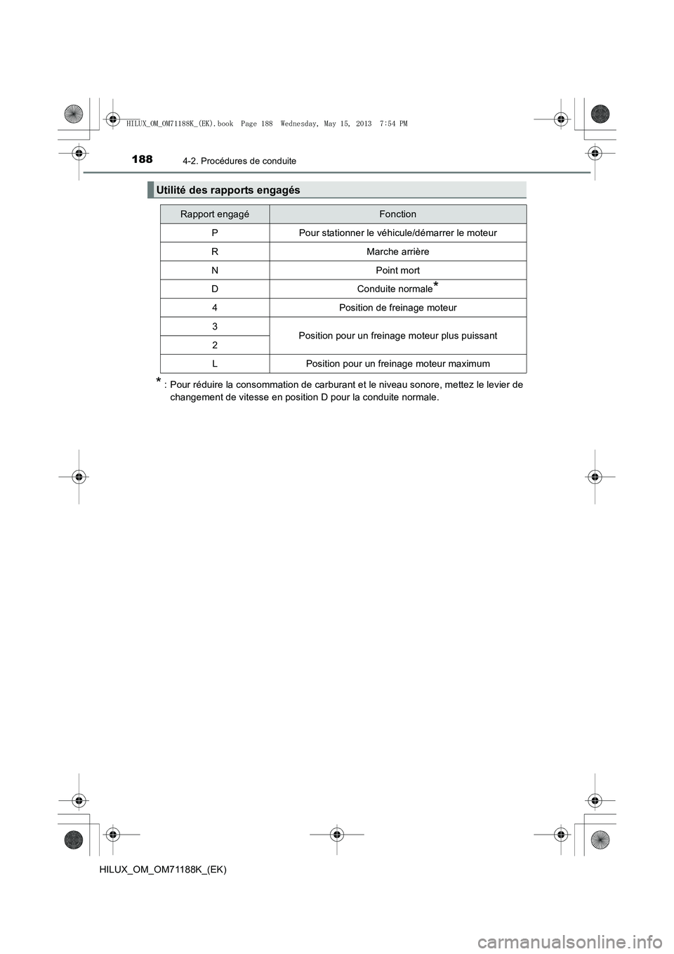 TOYOTA HILUX 2014  Notices Demploi (in French) 1884-2. Procédures de conduite
HILUX_OM_OM71188K_(EK)
* : Pour réduire la consommation de carburant et le niveau sonore, mettez le levier dechangement de vitesse en position D pour la conduite norma