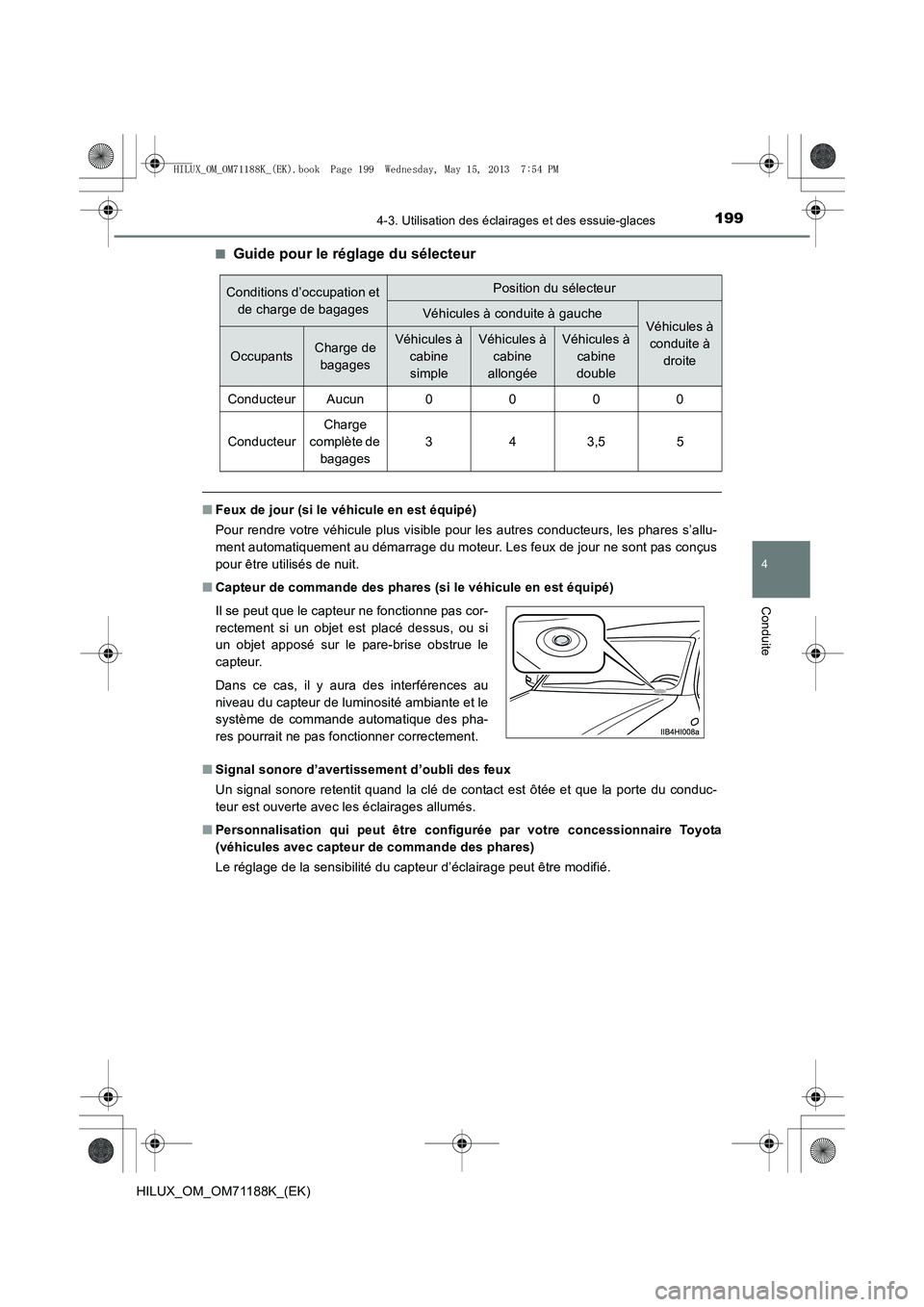 TOYOTA HILUX 2014  Notices Demploi (in French) 1994-3. Utilisation des éclairages et des essuie-glaces
4
Conduite
HILUX_OM_OM71188K_(EK)■
Guide pour le réglage du sélecteur
■
Feux de jour (si le véhicule en est équipé)
Pour rendre votre 
